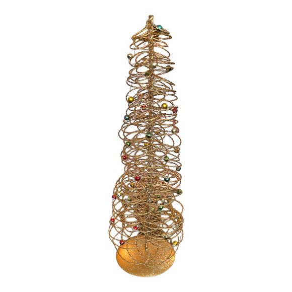 Other - Gold Tone Metal Wire Spiral Christmas Trees Colored Beads 11.5” H Tabletop Decor
